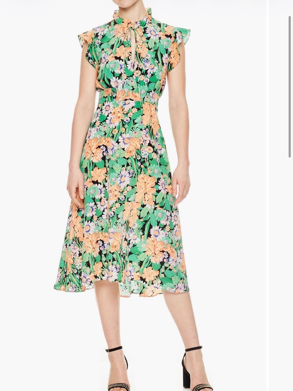 Sandro 100% Silk Floral Tie-Neck Midi Dress in Green and Peach size 4-6 US, 38